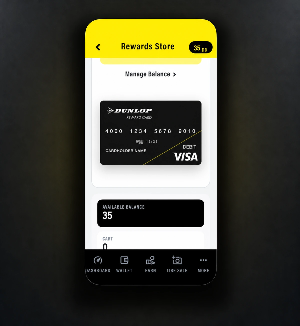 Dunlop Pro Dealer app rewards card screen