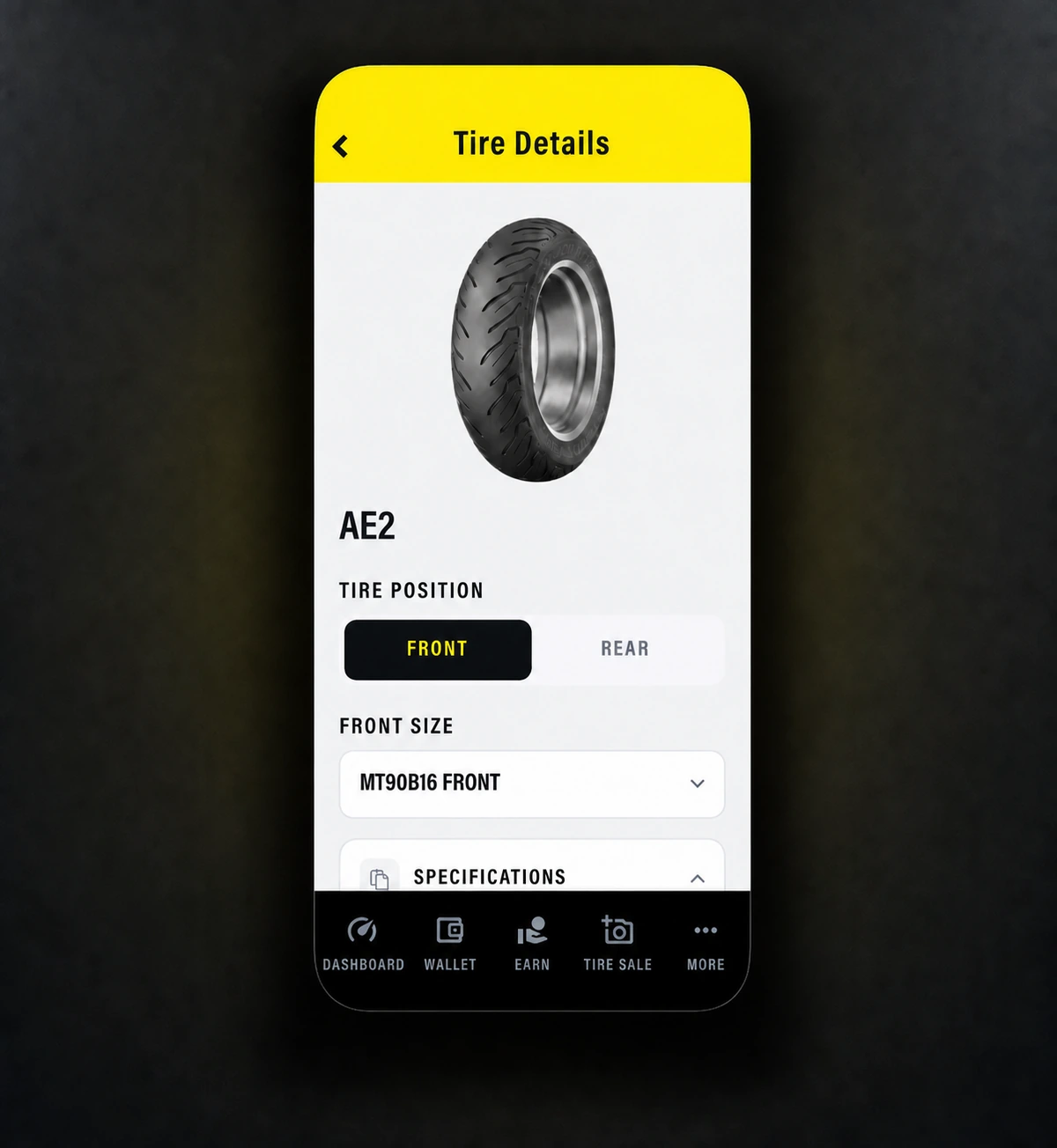 Dunlop Pro Dealer app tire details screen