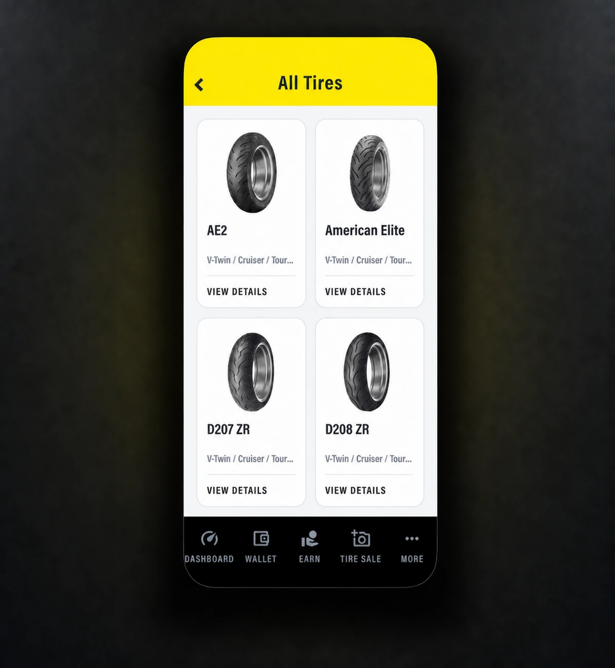 Dunlop Pro Dealer app Tire Finder catalog screen