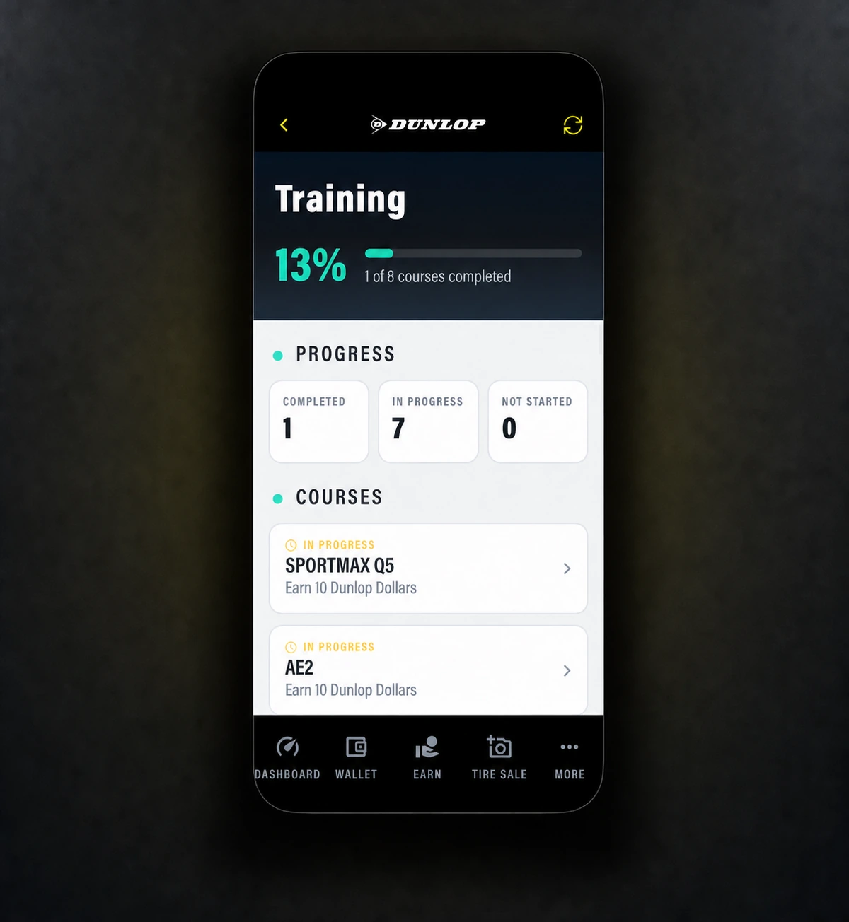 Dunlop Pro Dealer app training progress screen