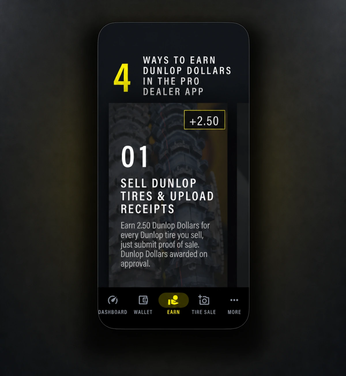 Dunlop Pro Dealer app ways to earn Dunlop Dollars screen